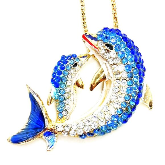 Blue DOLPHIN with Baby Pendant Necklace - Picture 1 of 1